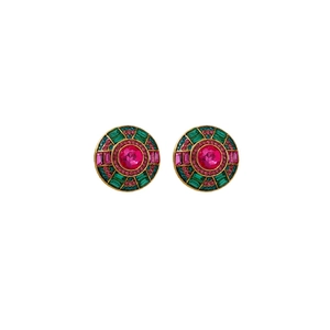 Vintage gold-plated round earrings with pink and green crystals in a floral geometric design