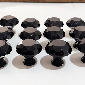 Set of 12 black diamond-cut crystal cabinet knobs with aluminum alloy base for furniture