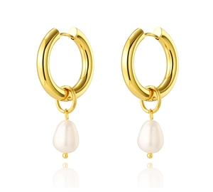 Macro detail of high-quality gold plated hoop earrings with elegant pearl drop charms