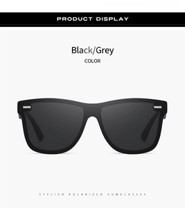 Front view display of black polarized sunglasses with grey lenses and UV protection