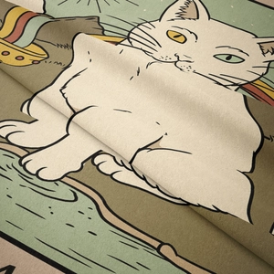 Close-up of velvet cat tapestry showing the detailed fabric texture and retro illustration