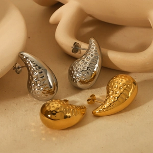 Hammered Teardrop Stud Earrings 18K Gold Plated Stainless Steel Chunky Hollow Spiral Statement Jewelry For Women