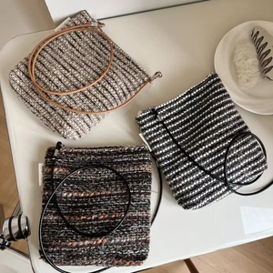 Vintage Striped Woolen Crossbody Bag Retro Mini Phone Pouch For Women Small Fabric Shoulder Bag With Magnetic Closure