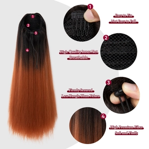 Long wavy drawstring ponytail extension made of high premium breathable fiber in ombre brown