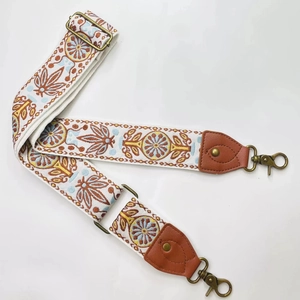 Ethnic 5cm wide polyester shoulder strap with floral embroidery and bronze metal hooks
