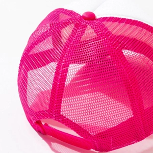 Close-up of pink trucker hat mesh with adjustable snapback closure for breathability