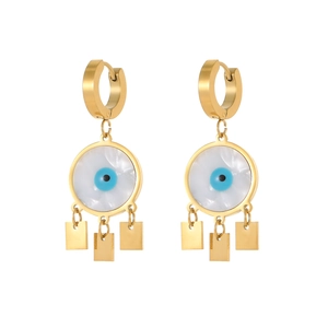 Detailed close-up of gold stainless steel huggie earrings with cat-eye evil eye charms