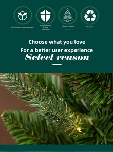 Close-up of fire-retardant PVC Christmas tree needles with warm LED string lights
