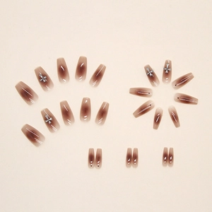 Brown ombre coffin fake nails with silver metal cross charms and glossy finish