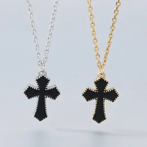 Cross Pendant Necklace Stainless Steel Black Enamel Beaded Edge Minimalist Jewelry For Men Women