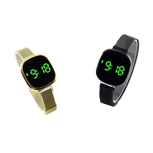Montre LED tactile tendance pour hommes avec bracelet en maille métallique or et noir