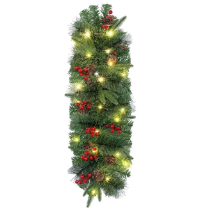 Christmas pine cone garland with red berries and warm LED lights on white background