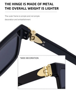 Detail of premium black square sunglasses showing the durable golden metal hinge design