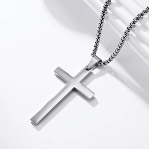 Polished silver stainless steel cross pendant necklace with box chain for men