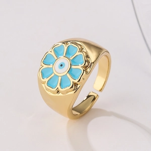 Evil Eye Flower Ring Copper 18K Gold Plated Enamel Drip Oil Bohemian Adjustable Open Jewelry For Women