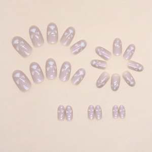 Oval aurora cloud press-on nails in soft purple gradient with stars and clouds design