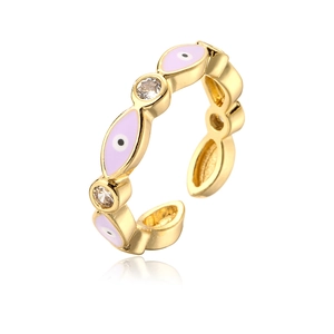 Detail of 18K gold plated eye ring with purple enamel and white zircon accents