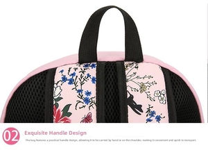 Close-up of pink backpack with floral print, sturdy black handle and breathable mesh strap