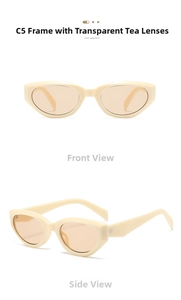 Detailed front and 45-degree angle views of cream cat-eye sunglasses with tea lenses