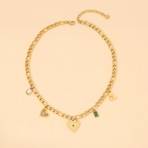 Golden stainless steel necklace with evil eye, colorful hearts and crystal charms