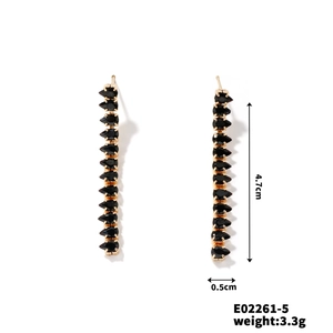 Detail view of long tassel earrings with black pear-cut zircons and gold setting