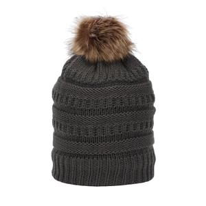 Detail of dark grey knit winter beanie with a fluffy brown faux fur pom-pom on top