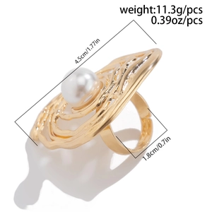 Detailed view of golden irregular geometric ring with large pearl and size specifications