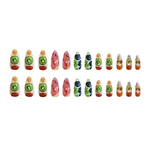 Summer almond press on nails featuring colorful hand-painted fruit patterns on white base