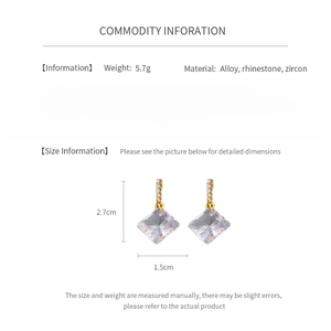 Detailed size chart for elegant rhinestone zircon earrings showing 2.7cm by 1.5cm dimensions