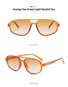 Detail view showing orange frame aviator sunglasses with brown gradient lenses