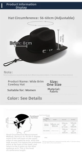 Size guide for wide brim cowboy hat with adjustable 56-60cm circumference measurements