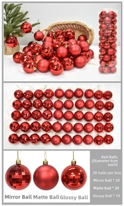 Detailed set of 50 red 6cm Christmas balls showing mirror, matte, and shiny textures