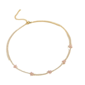 Gold tennis choker necklace with five pink zircon flowers and adjustable chain length