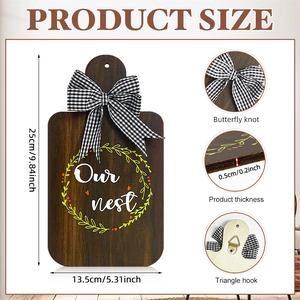 Creative wooden cutting board wall decor with Our Nest print and buffalo plaid bow