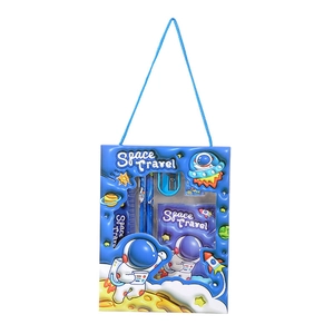 Blue space travel stationery gift set for children featuring astronaut and rocket graphics