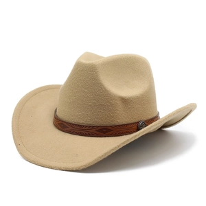 Khaki wool felt western cowboy hat with curved brim and brown leather band detail