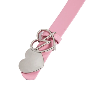Pink fashion leather belt with a silver heart-shaped lightning buckle on white background