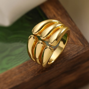 Polished gold-plated wide band ring featuring teardrop petal-like layered design