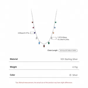 S925 Sterling Silver necklace for women with colorful teardrop gemstones and 40+5cm chain