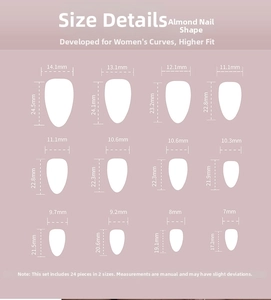 Size chart showing 12 almond press-on nail dimensions for pink bow and flower design