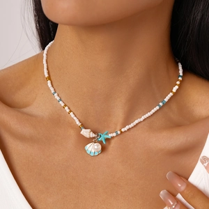 Marine Beaded Necklace Imitation Artificial Pearl Seashell Starfish Pendant Glass Beads Summer Beach Resort Style Jewelry For Women