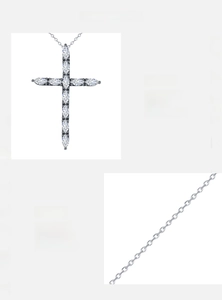 Detailed macro view of S925 sterling silver cross necklace with hand-set 5A zircon stones