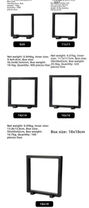 Size specifications table for 3D floating film jewelry boxes showing dimensions and weights