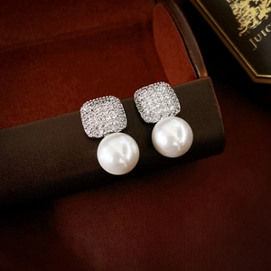 Zircon Square Drop Earrings With 925 Sterling Silver Earring Post Faux Artificial Pearl Copper Base Elegant Jewelry For Women