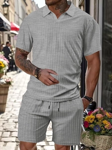 Detailed knit texture and vertical stripe pattern of men's summer grey casual set