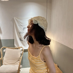 Japanese style hand-woven straw sun hat with white chiffon lace trim for summer vacations