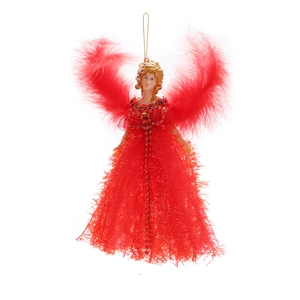 Detail of red Christmas angel ornament featuring feather wings and glitter mesh dress