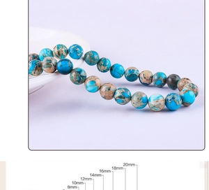 Detailed size chart showing 8mm to 20mm blue emperor stone beads for DIY jewelry