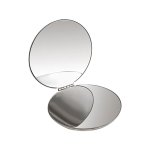 Portable silver stainless steel folding makeup mirror with double-sided round design