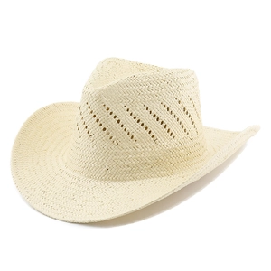 Close-up of breathable hollow-out weave and curved brim on this western straw cowboy hat